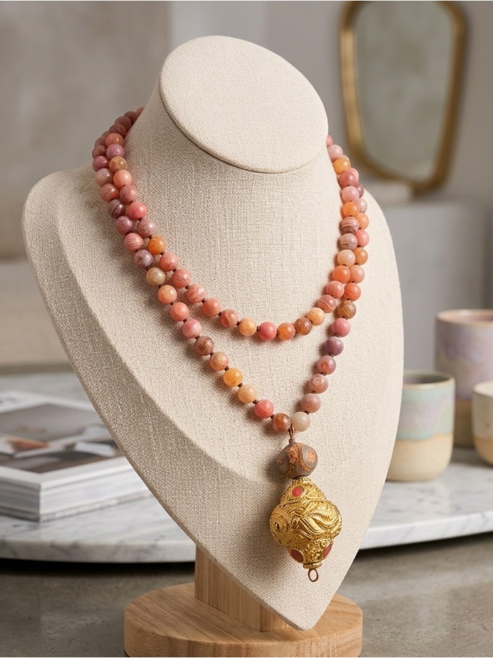Boho Beaded Agate with Tibetan Gold-Tone Filigree Pendant